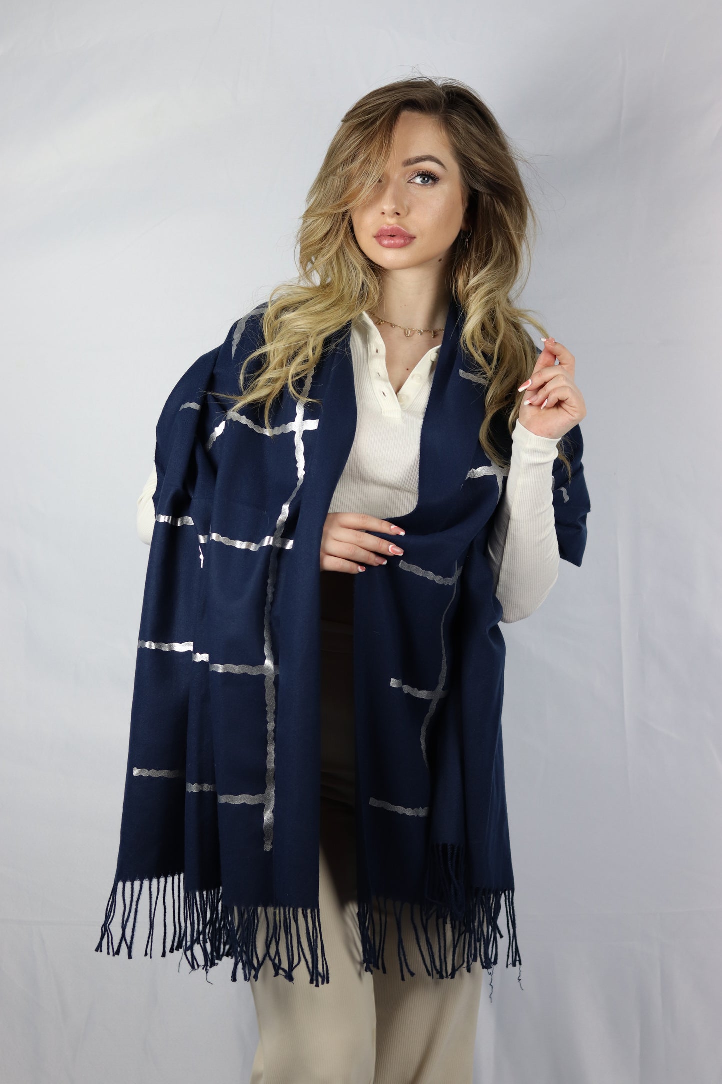 Here Mood Desenli Kaşmir Şal  (Koyu Mavi)