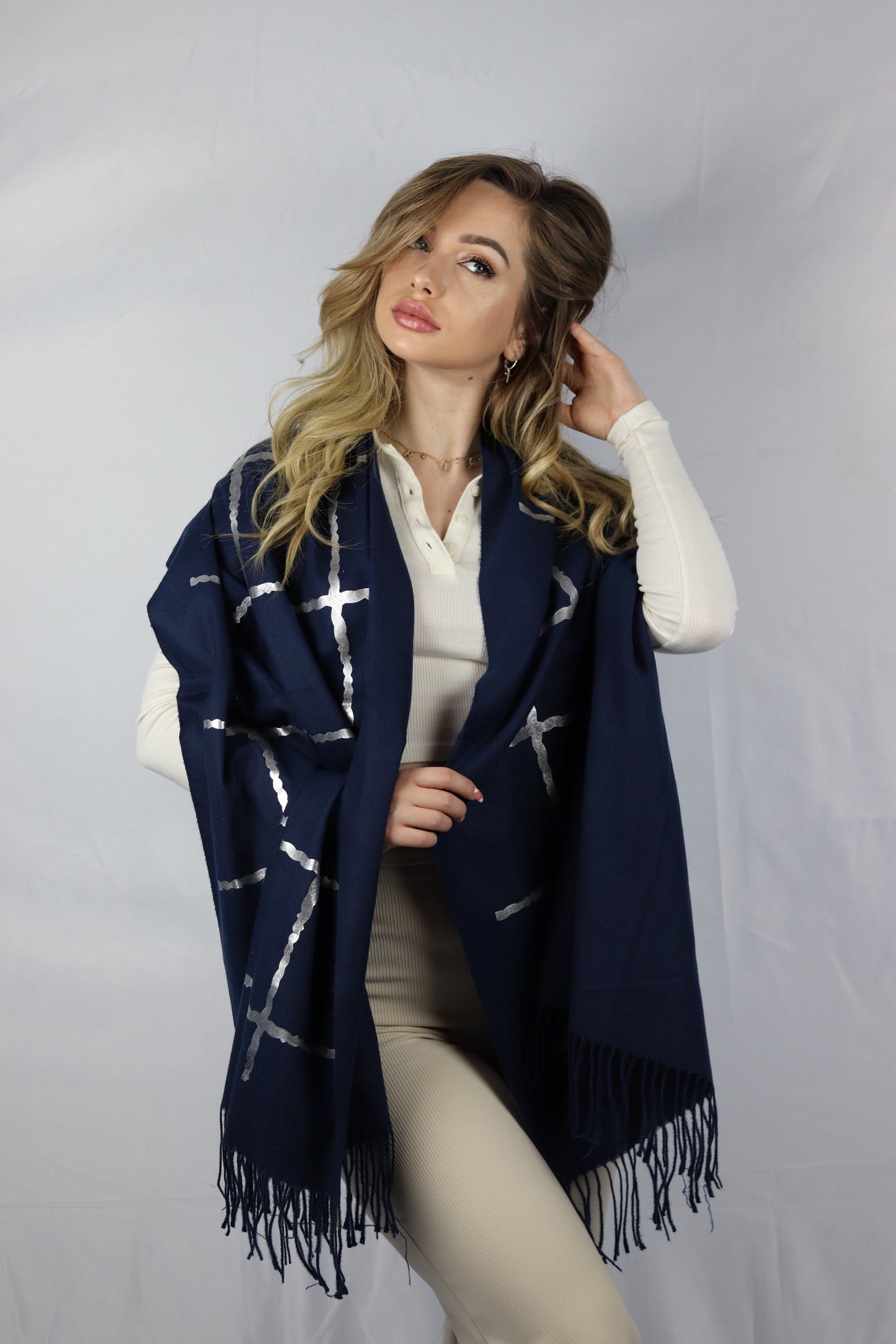 Here Mood Desenli Kaşmir Şal  (Koyu Mavi)