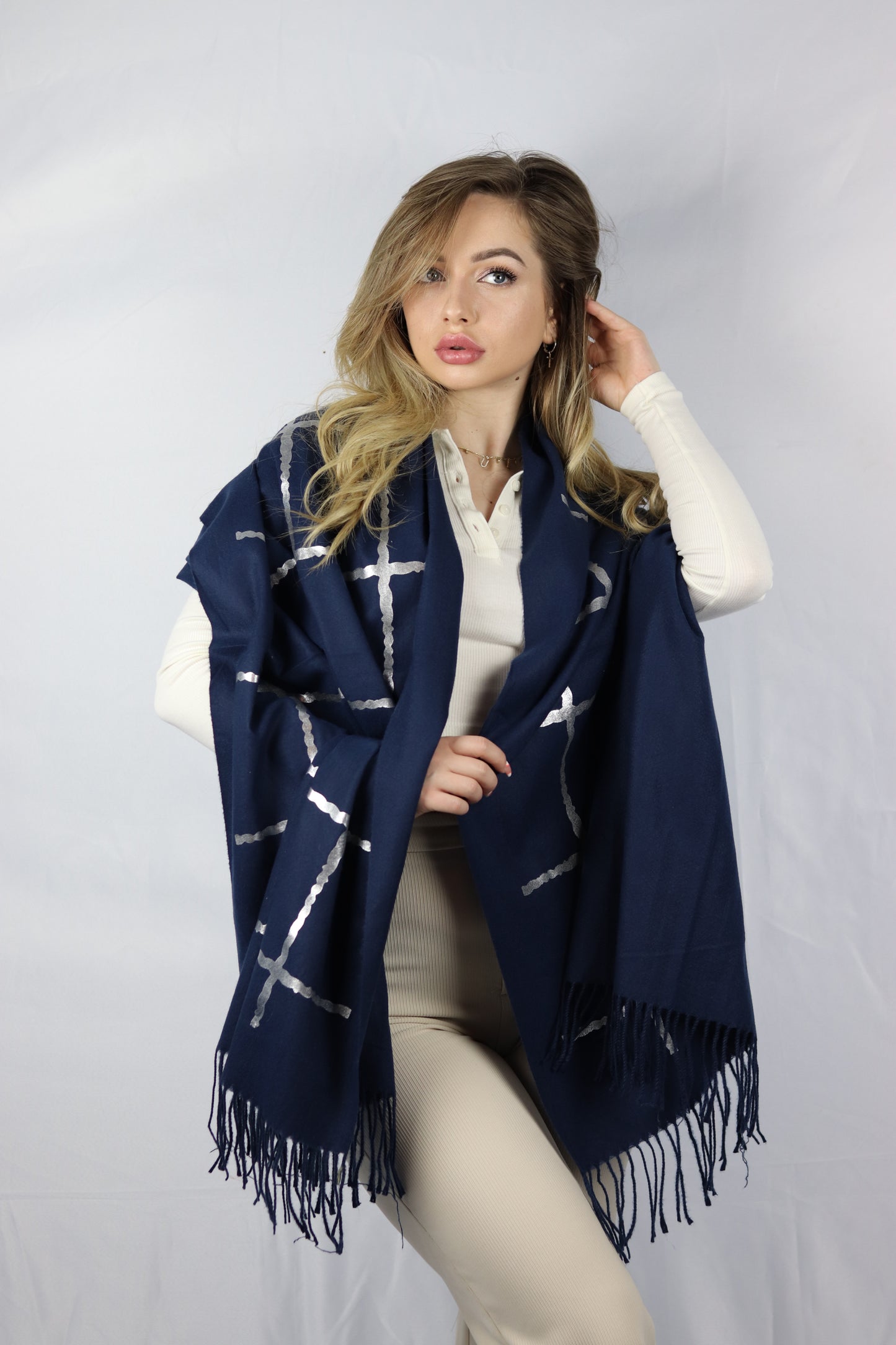 Here Mood Desenli Kaşmir Şal  (Koyu Mavi)