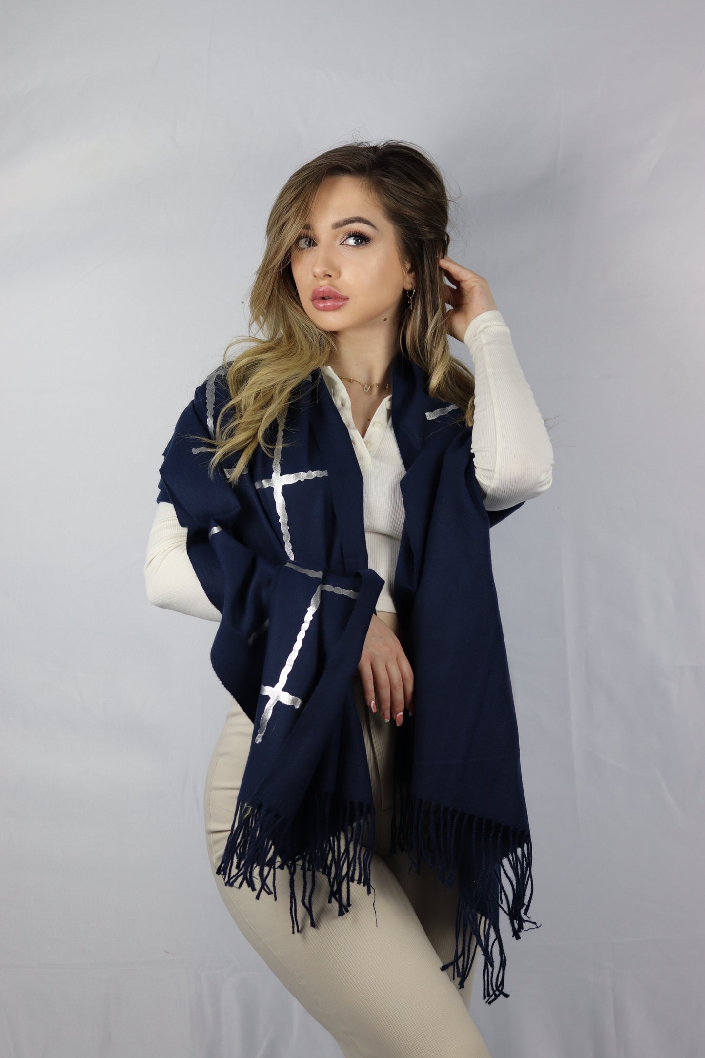 Here Mood Desenli Kaşmir Şal  (Koyu Mavi)