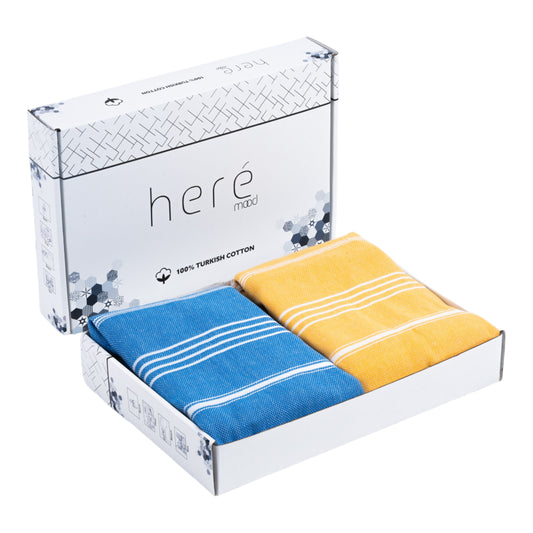 Here Mood %100 Pamuk Tatil Peştemal Seti (Mavi/Sarı)