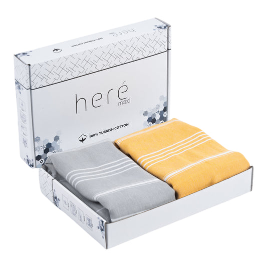 Here Mood %100 Pamuk Tatil Peştemal Seti (Gri/Sarı)
